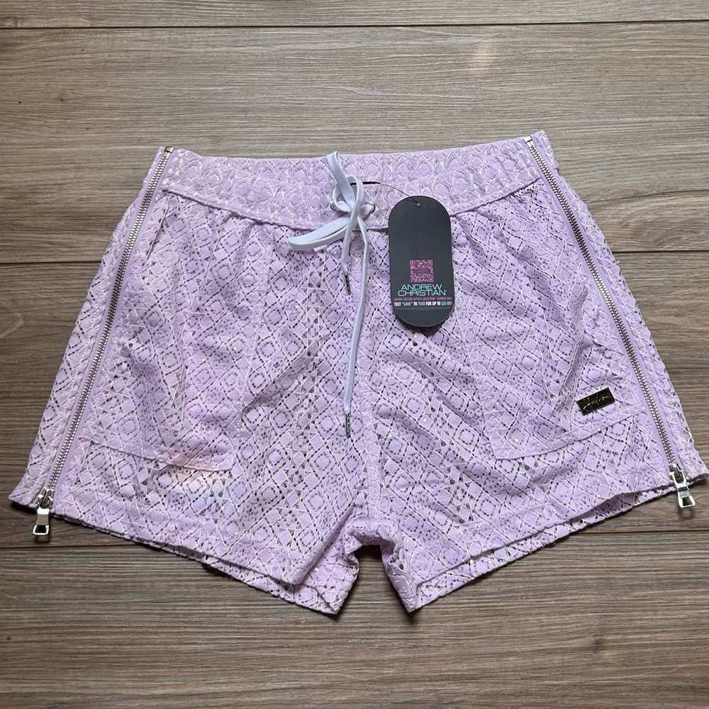 Andrew Christian | Miami Cabana Boy Art Deco 3" Zip Shorts Lavender Sparkle (L)